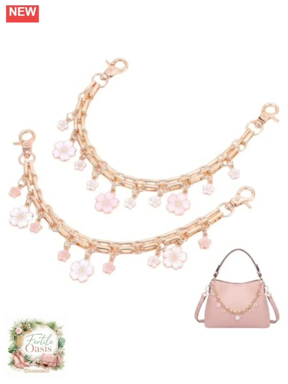Set of 2 Metal Purse Charm Chains with Floral Decor for Handbag DIY